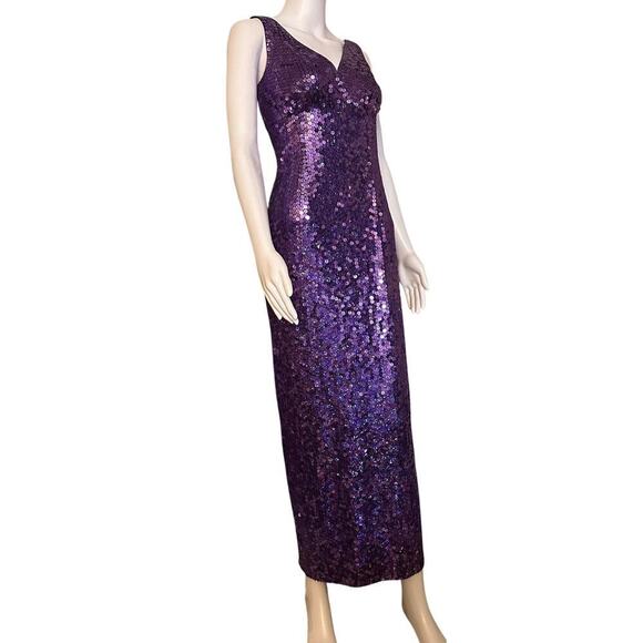 Vtg Y2K Papell Boutique Evening Purple Sequin Column Babydoll Waist Gown Sz 4 - Picture 3 of 16
